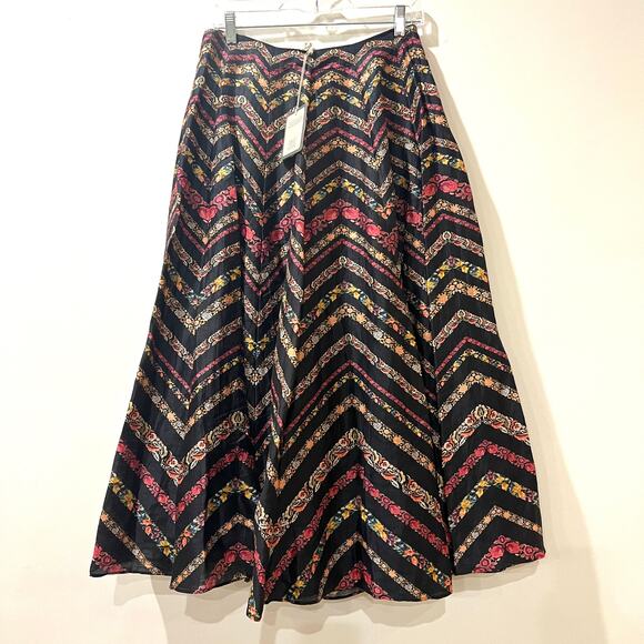 NWT La Fuori 100% silk flare midi skirt medium boho floral print side zip - Picture 1 of 9